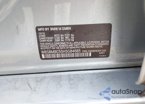 2017 BMW M3 z USA, uszkodzony, nr VIN WBS8M9C55H5G84685